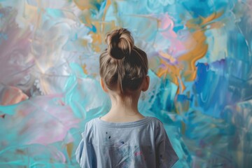 Young girl painting on bright wall in room