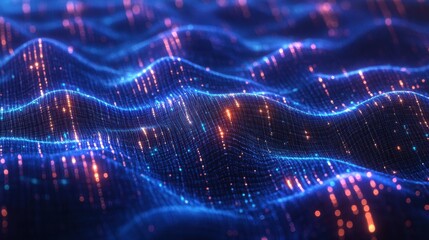 Abstract Blue and Orange Glowing Grid Wave Background