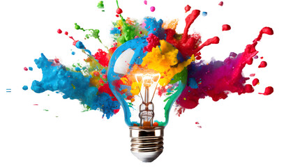 Creative light bulb explodes with colorful paint Splash on a white isolated background. Generative AI.