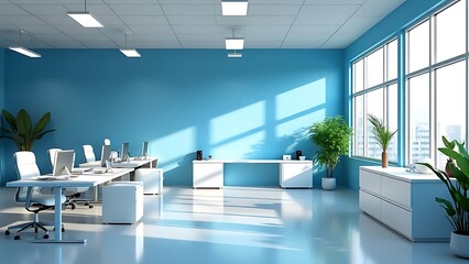 Modern open space room office interior design on white and blue color tone.