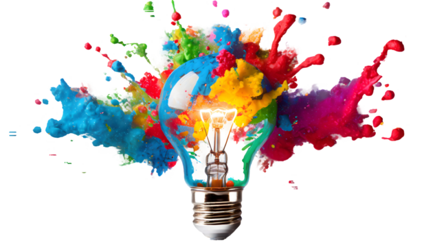 Creative light bulb explodes with colorful paint Splash on a white isolated background. Generative AI.