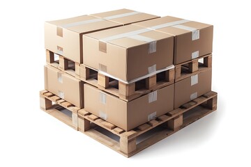 Cardboard boxes on pallet shipping on white background.
