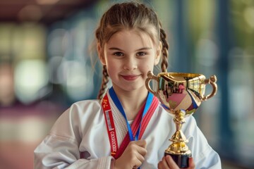 Young karate champion wearing uniform and medals holding trophy