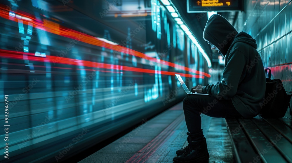 Fototapete A person in a hooded sweatshirt types on a laptop in a crowded metro station, emphasizing the security risks of using public Wi-Fi. Generative AI
