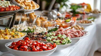 Obraz premium “A diverse selection of cold snacks arranged on a buffet table for catering. The spread includes an assortment of appetizers, finger foods, and chilled dishes, 