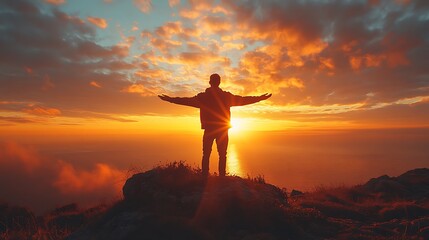 Obraz premium Silhouette of a man with arms outstretched at sunset over the sea, a scene of freedom and connection with nature.