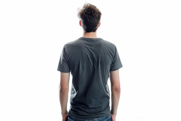 Young man in jeans and t shirt looks away from camera View from behind Collection of people White background