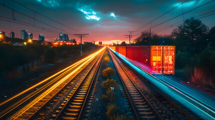 Fototapeta premium Train Tracks with Colorful Light Trails at Night