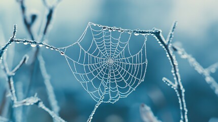 spiders web with dew drops on it on a pale blue background