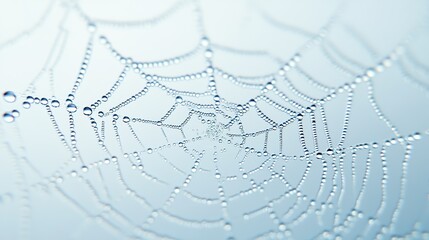 spiders web with dew drops on it on a pale blue background