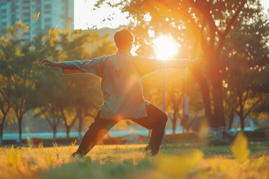 Young man in park practicing Tai Chi Chuan Tai Ji and Qi gong for health
