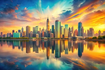Fototapeta premium Softly lit cityscapes unfold with calming colors and gentle brushstrokes, evoking a sense of serenity that transcends urban chaos and calms the urban soul.