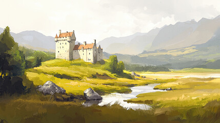 Naklejka premium Scottish Highlands, misty mountains, ancient castles, rugged landscape, Watercolor style