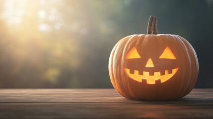 Fototapeta premium Halloween pumpkin lantern sitting on a table in the forest at sunset