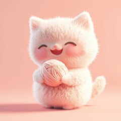 Cute Fluffy White Kitten Holding a Ball of Yarn on a Pink Background.