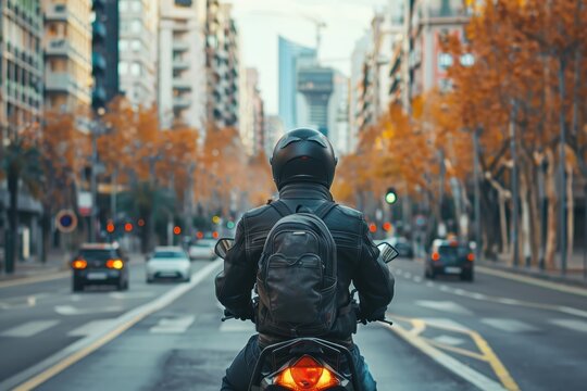 Young motorcyclist stopped at traffic light in Barcelona riding scooter on avenue lined with skyscrapers