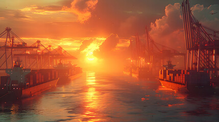Cargo Ships at Sunset Illustration