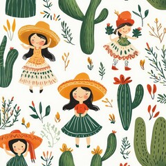 Colorful Pattern of Girls in Sombreros Surrounded by Cacti and Tropical Leaves