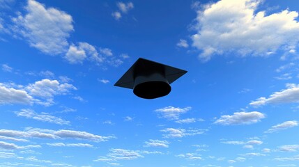 Academic cap floating in a blue sky