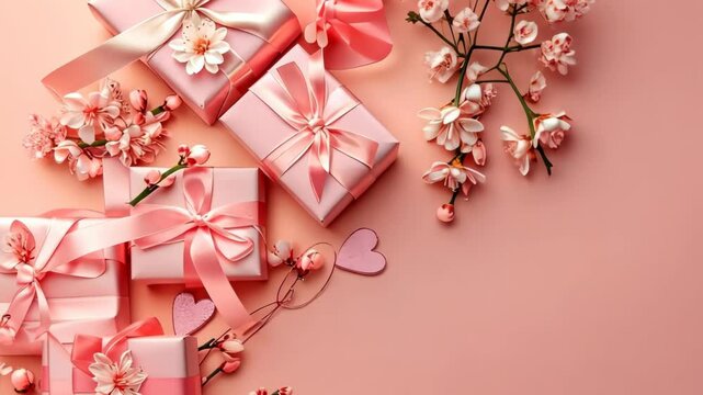 Valentine's Day background with pink gift boxes and white roses on pastel peach color table.
