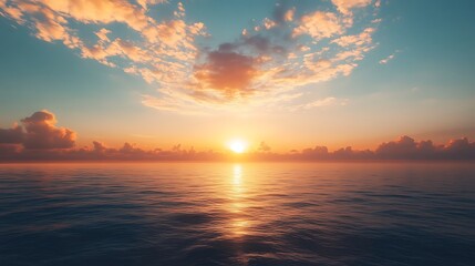 Obraz premium Sunset over the ocean with colorful clouds reflecting on the calm water, a scene of serenity.