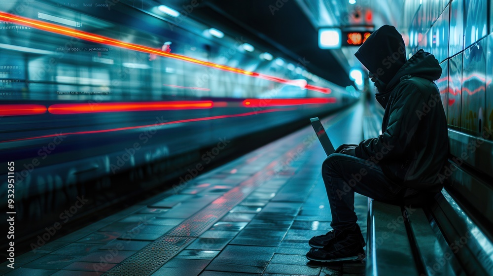 Leinwandbilder a hacker focuses on a laptop in a bustling metro station, emphasizing the dangers of using public wi