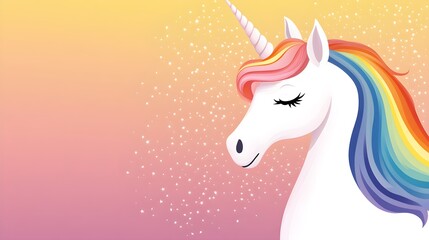 Whimsical unicorn, rainbow mane, glittering stars, vibrant pastel background