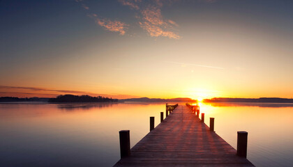 magic sunrise over the lake with old wooden jetty