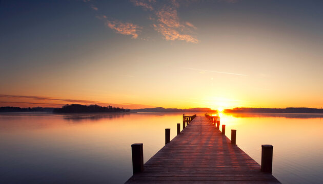 magic sunrise over the lake with old wooden jetty