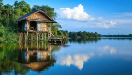Lake house on stilts reflects in calm water.