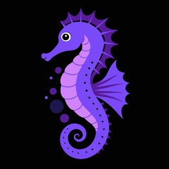 Obraz premium Purple with pink fish seahorse on black background, print design inspired by nature