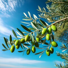 Olive tree branch with green olives against a blue sky background