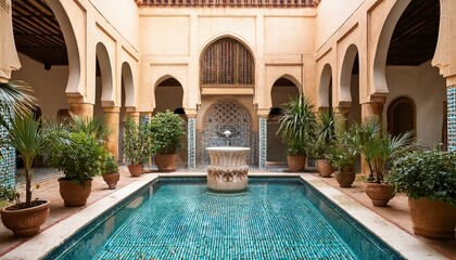 Moroccan pool is surrounded by potted plants and a fountain in the middle