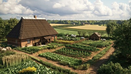 Farmhouse with garden, fields, and animals.