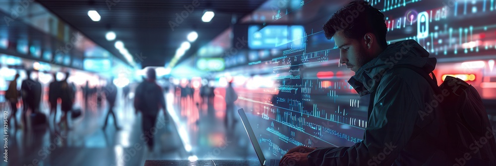 Leinwandbilder a person types on a laptop in a bustling metro station, illustrating the vulnerability associated wi