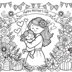 Baby with it's mother coloring page, happy mothers day