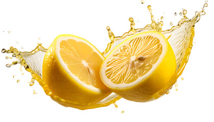 Cut lemon for two parts with splashing juice on a white isolated background. Generative AI.