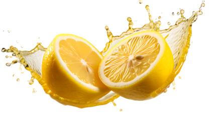 Cut lemon for two parts with splashing juice on a white isolated background. Generative AI.