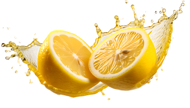 Cut lemon for two parts with splashing juice on a white isolated background. Generative AI.