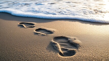 Fading footprints in the sand with waves gently erasing them, symbolizing the gradual drift of time and its effects.
