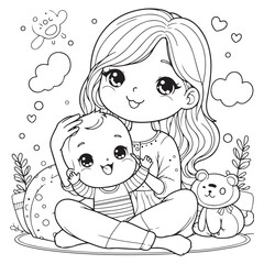Baby with it's mother coloring page, happy mothers day