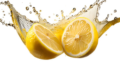 Cut lemon for two parts with splashing juice on a white isolated background. Generative AI.
