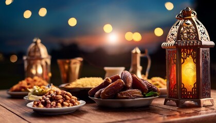 close up Arabic meal on wooden table with dates and lamp at night of Iftar party