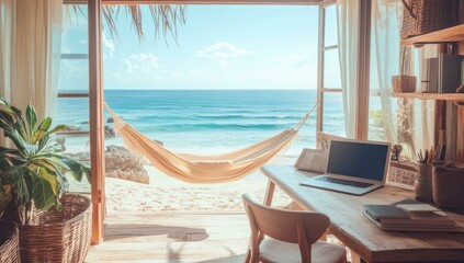 Beach view with hammock, laptop, and books.