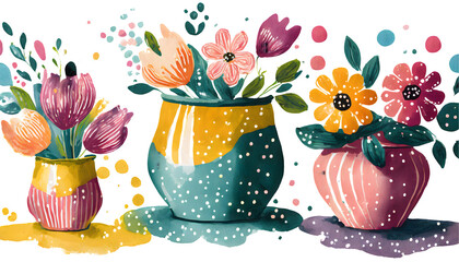cute childish flower vases Splashes on a white isolated background. Generative AI.