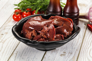 Raw chicken liver uncooked in the bowl
