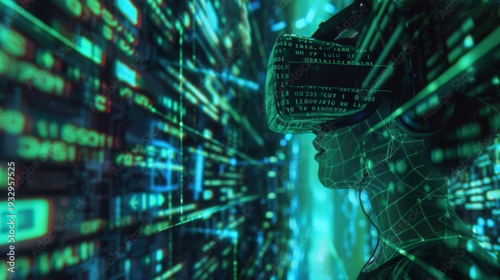 Aufkleber a hacker wearing a vr headset navigates through a vibrant virtual environment filled with intricate 