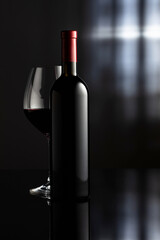 Glass and bottle of red wine on a black reflective background.