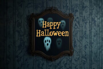 Haunted Mirror Collage: Images of a mirror reflecting ghostly faces. The text "Happy Halloween" in a reflective, eerie font at the center.