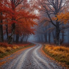 Obraz premium A misty autumn road surrounded by vibrant foliage, ideal for travel, nature, and adventure photography.